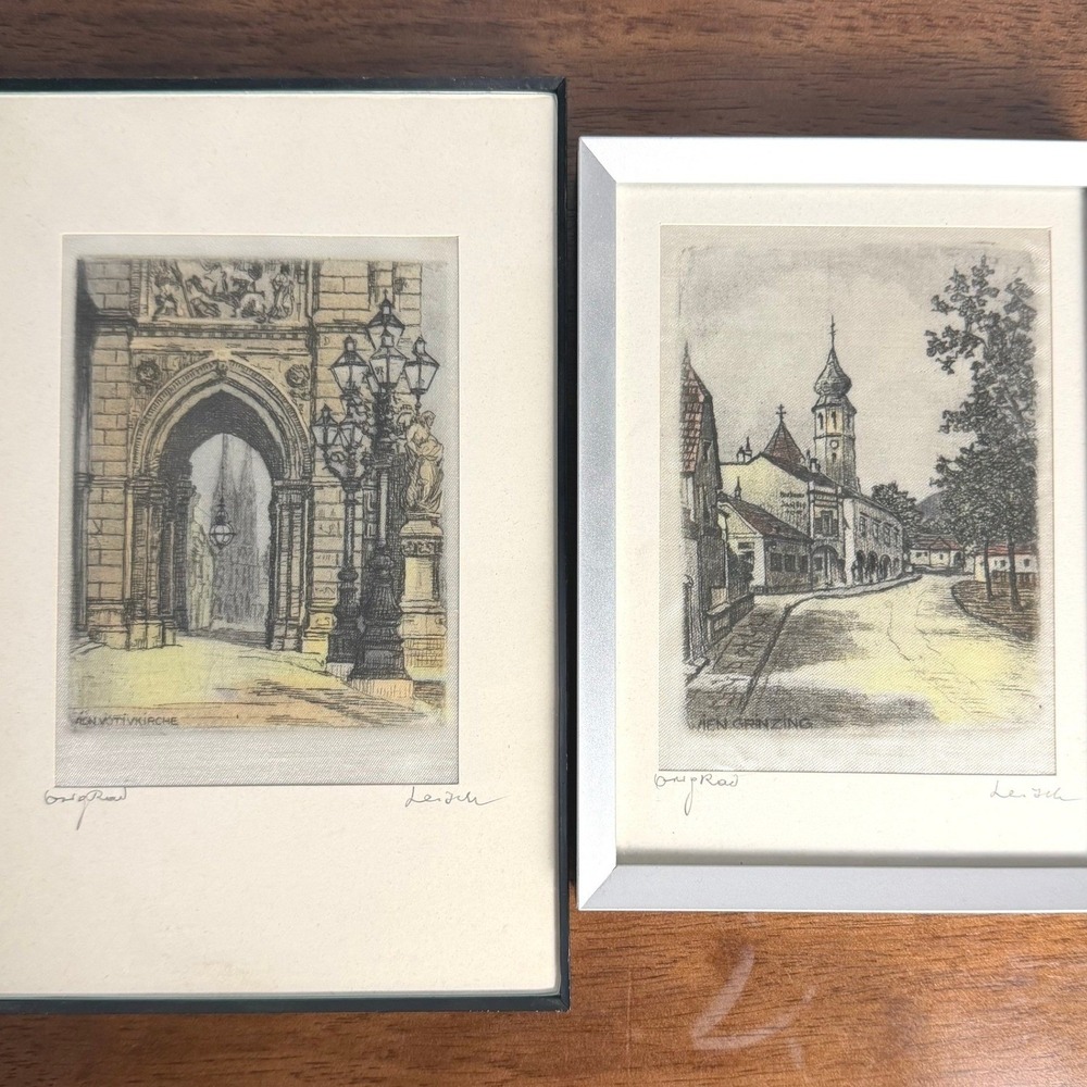VTG 1920s Pair(2) Hans Leisch Original Etchings Silk Vienna Votivkirche Grinzing